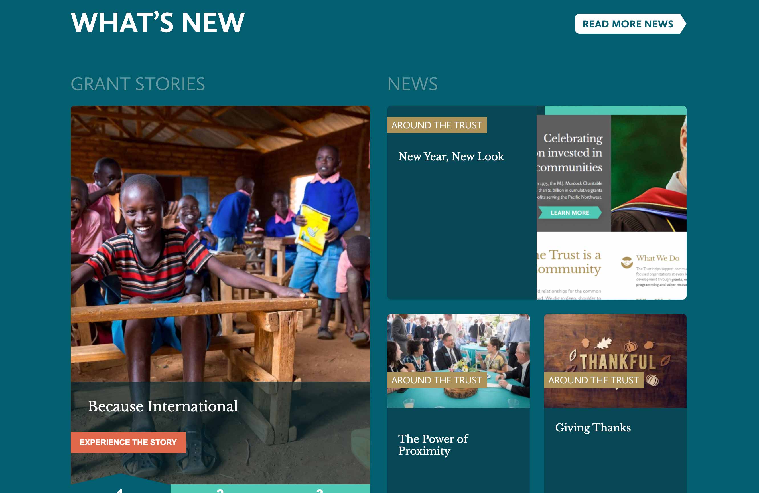 A screen of the M.J. Murdock Charitable Trust website, with the words "WHAT'S NEW" above a section titled "Grant Stories" and another section titled "News".