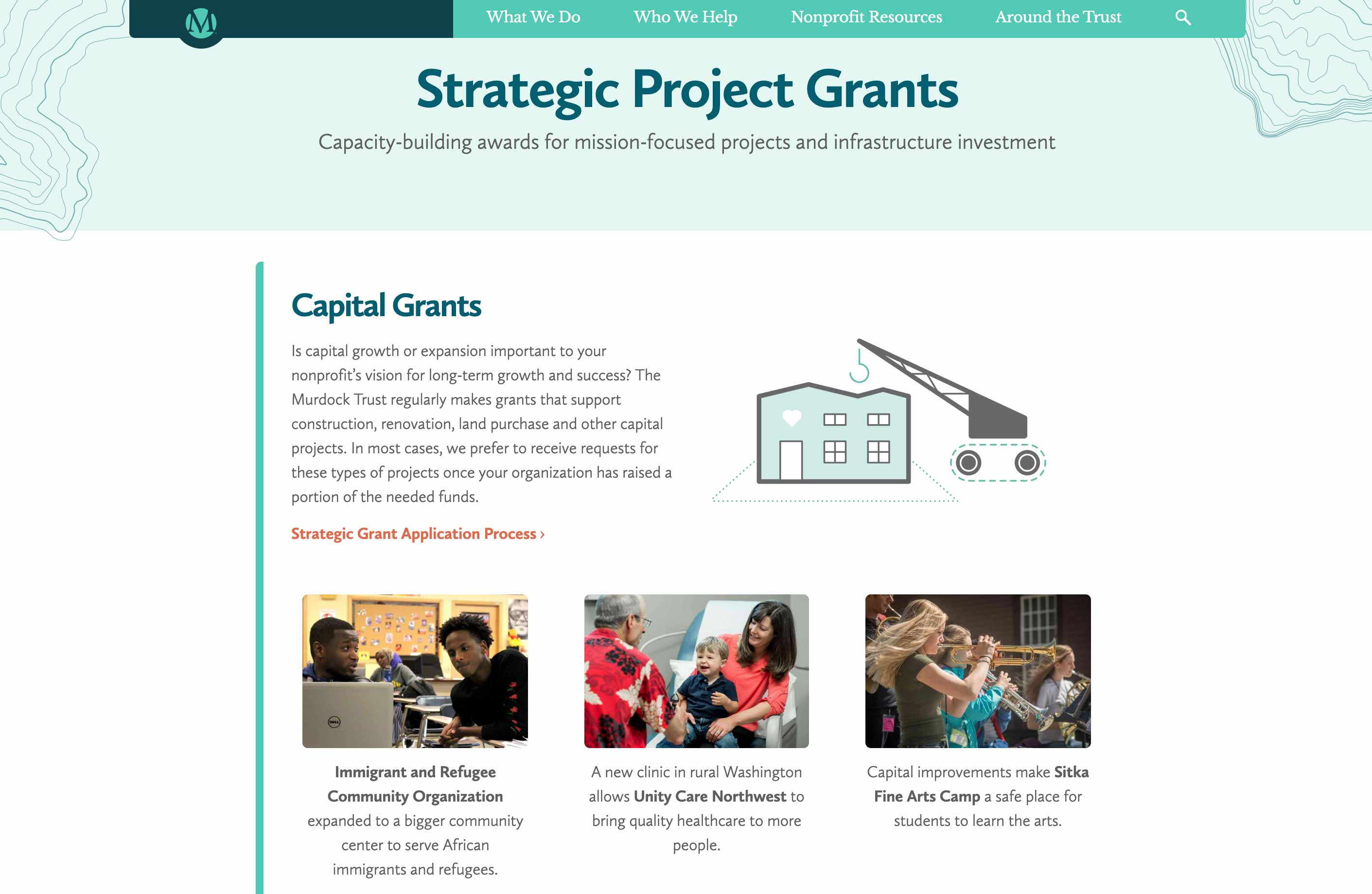 A screenshot of the M.J. Murdock Charitable Trust website with a header that says "Strategic Project Grants" above information on Capital Grants.