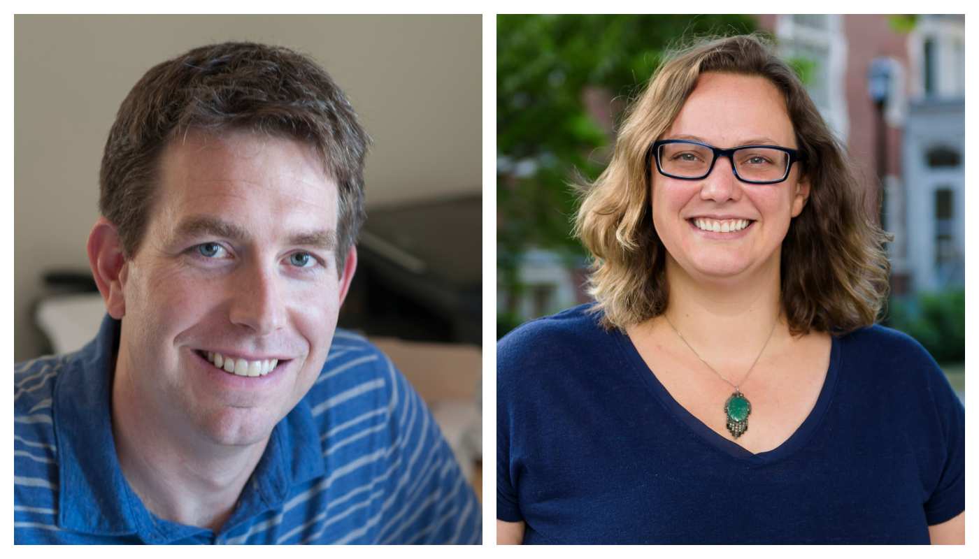 Image 1: a man in blue striped shirt smiles for the camera. Image 2: A woman with brown hair and glasses smiles for the camera.