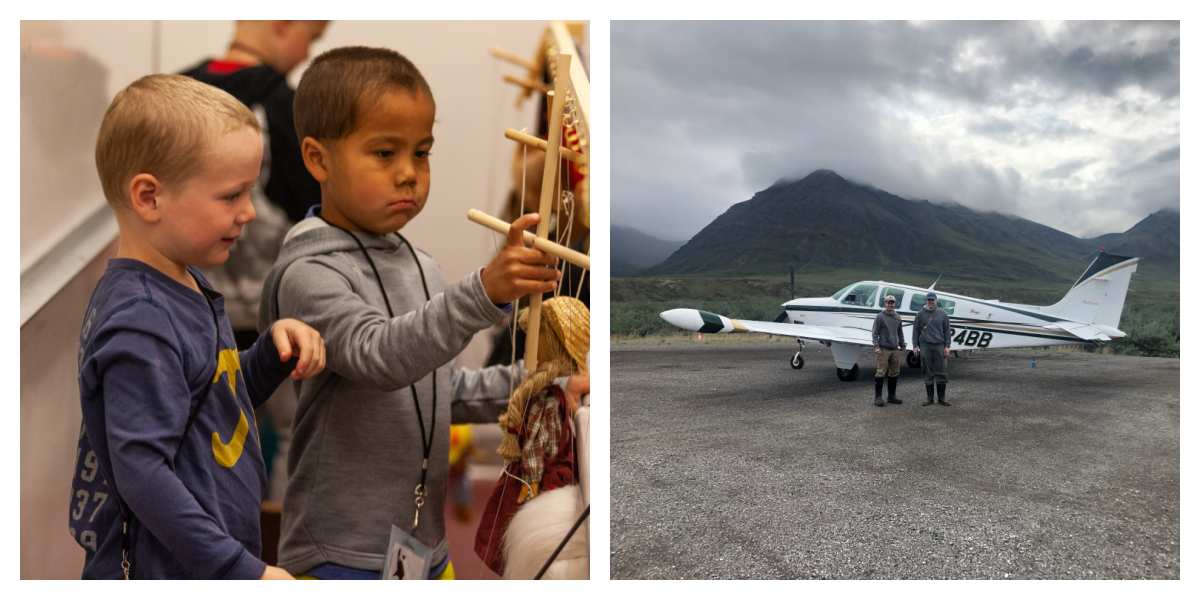 Image 1: two young boys look at a puppet. Image 2: two men smile for the camera outside in front of a plane.