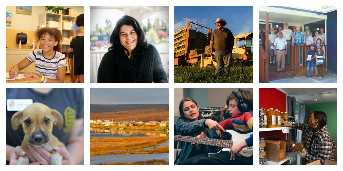 Image 1: a young girl with curly hair smiles in a classroom. Image 2: A puppy looks at the camera. Image 3: a woman with dark hair smiles at the camera. Image 4: a group of houses by a lake. Image 5: a man wearing a cowboy hat stands in a field in front of farming equipment. Image 6: a young boy plays the electric guitar while a young woman helps. Image 7: a group of people standing on a front porch. Image 8: a woman wearing a plaid shirt stocks shelves with groceries.