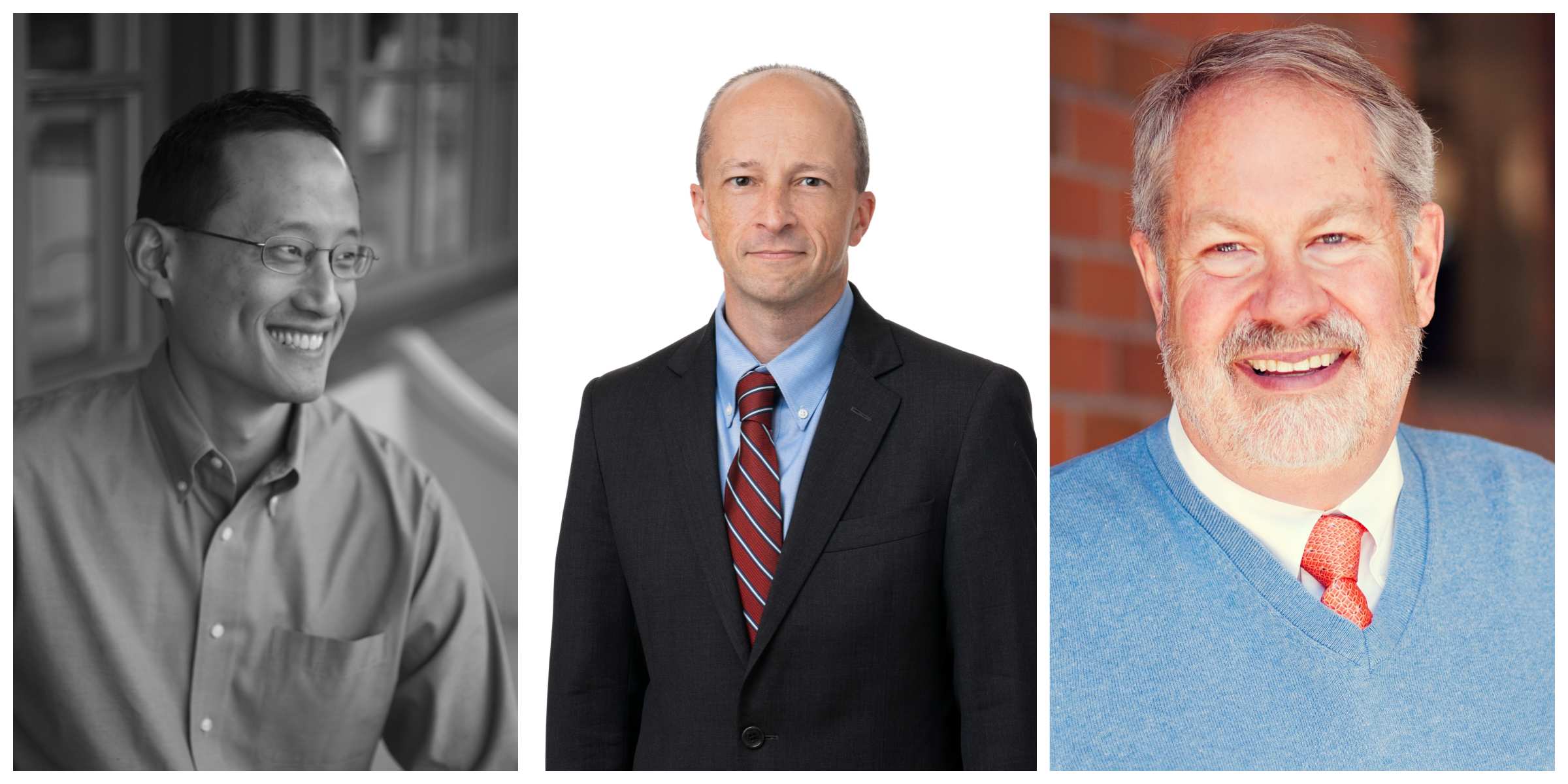 Image 1: black-and-white photo of a man wearing glasses smiling while looking away from the camera. Image 2: a man in a black suit looks at the camera. Image 3: a man in a blue sweater smiles at the camera.