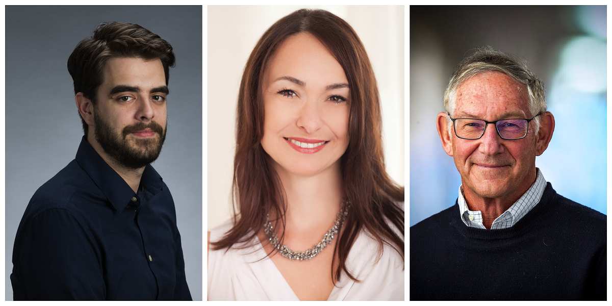 Image 1: a man with dark hair and a beard looks at the camera. Image 2: a woman with straight brown hair wearing a white shirt and a necklace smiles at the camera. Image 3: a man wearing glasses smiles at the camera.