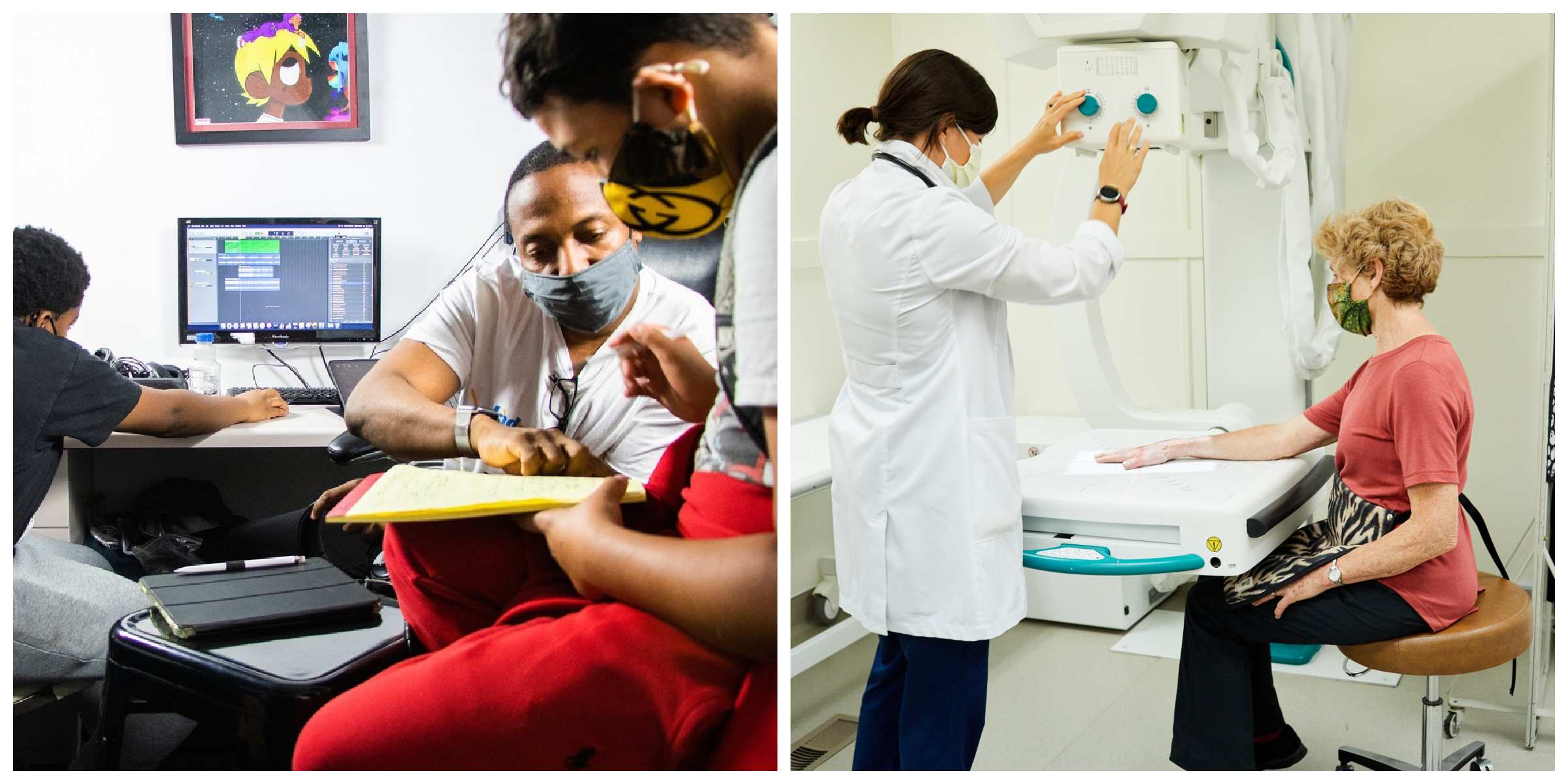 Image 1: a man helps a child with something on a piece of paper while another child uses a computer in the background. Image 2: a woman receives an x-ray of her hand by a medical professional.