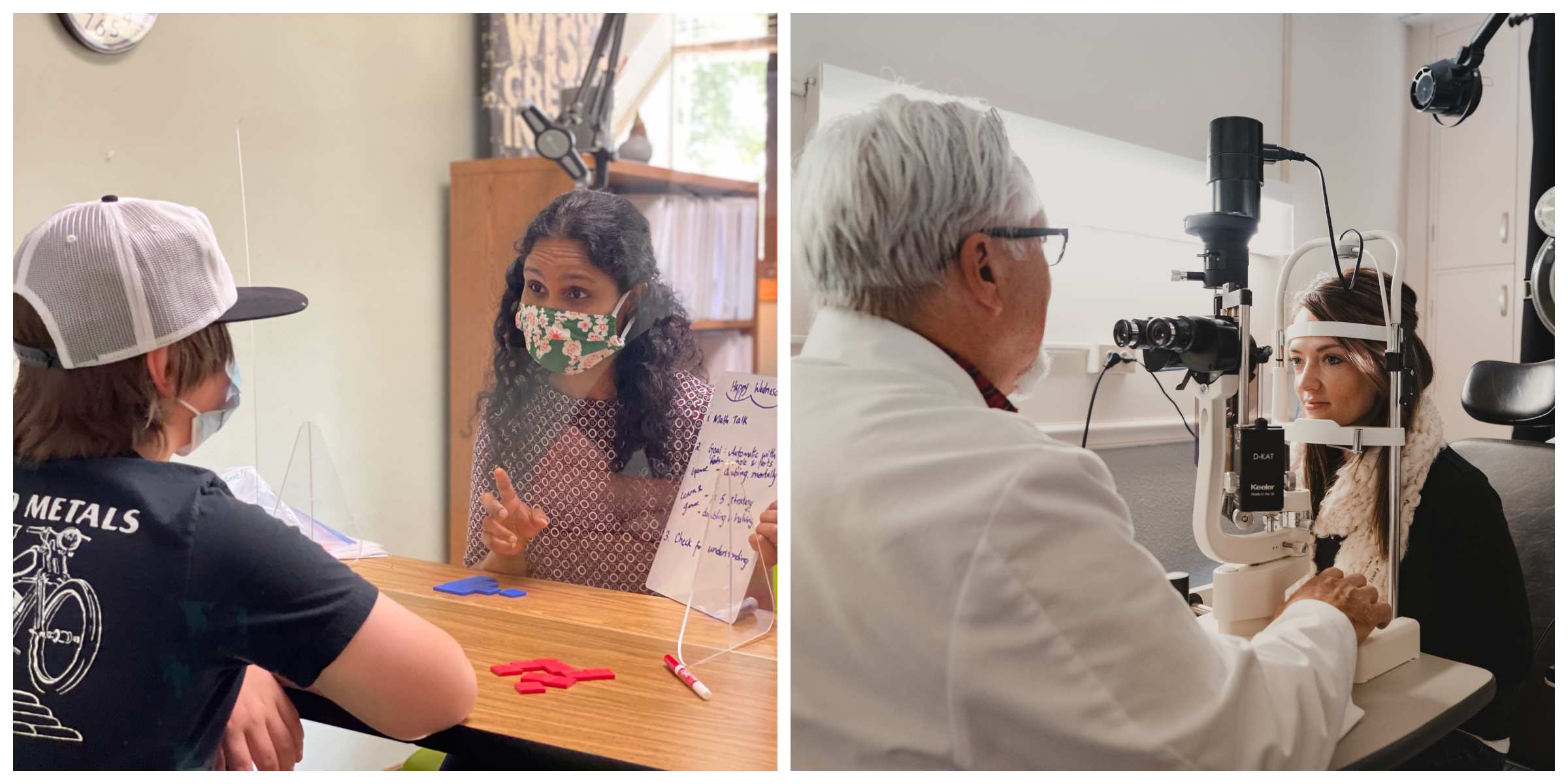 Image 1: a woman talks to a child through a plexiglass divider. Image 2: A man in a white coat with a woman whose head is hooked up to a machine.