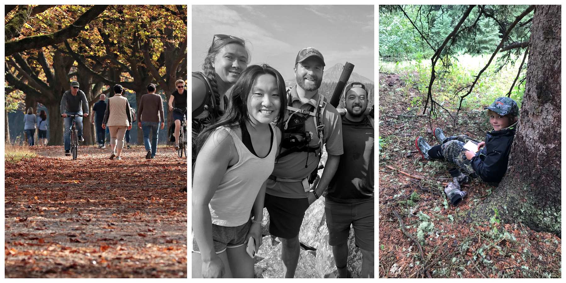 Image 1: bikers and walkers on a tree-lined path. Image 2: a black-and-white photo of four people outdoors. Image 3: a young boy sitting at the base of a tree.