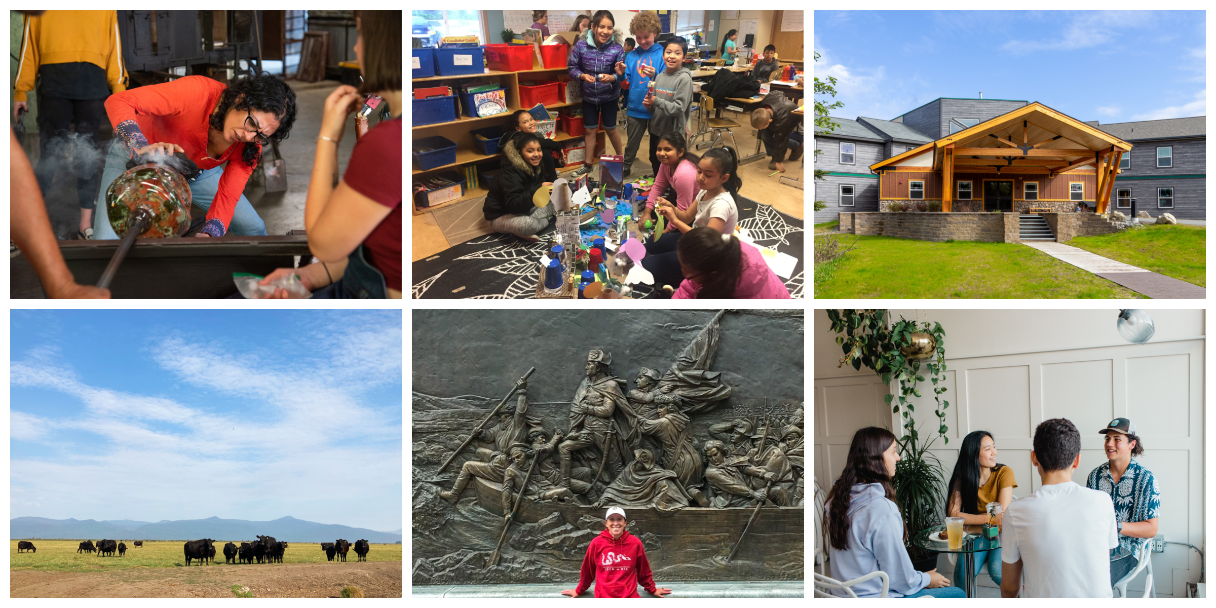 Image 1: a woman creating glass art. Image 2: a classroom of children doing arts and crafts. Image 3: a brand new facility. Image 4: an open field with cows and a mountain range behind them. Image 5: a person in a red sweatshirt in front of a carving of George Washington crossing the Delaware River. Image 6: four teenagers sitting around a table chatting and laughing.