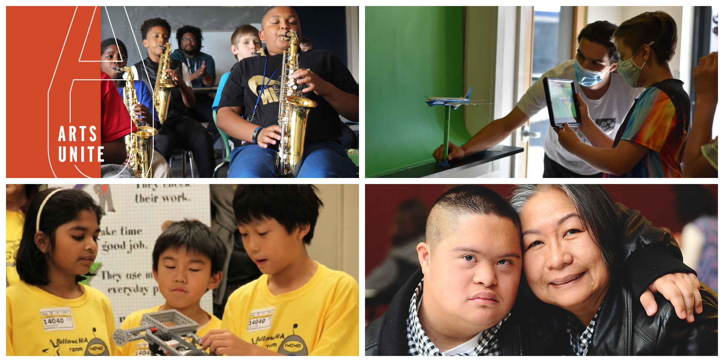 Image 1: four children play wind instruments while a man claps in the background, with a text overlay that says "Arts Unite." Image 2: three young children in yellow shirts build something. Image 3: a young boy and a man wearing masks take a photo of a model airplane using an iPad. Image 4: A boy and a woman hug and look at the camera.