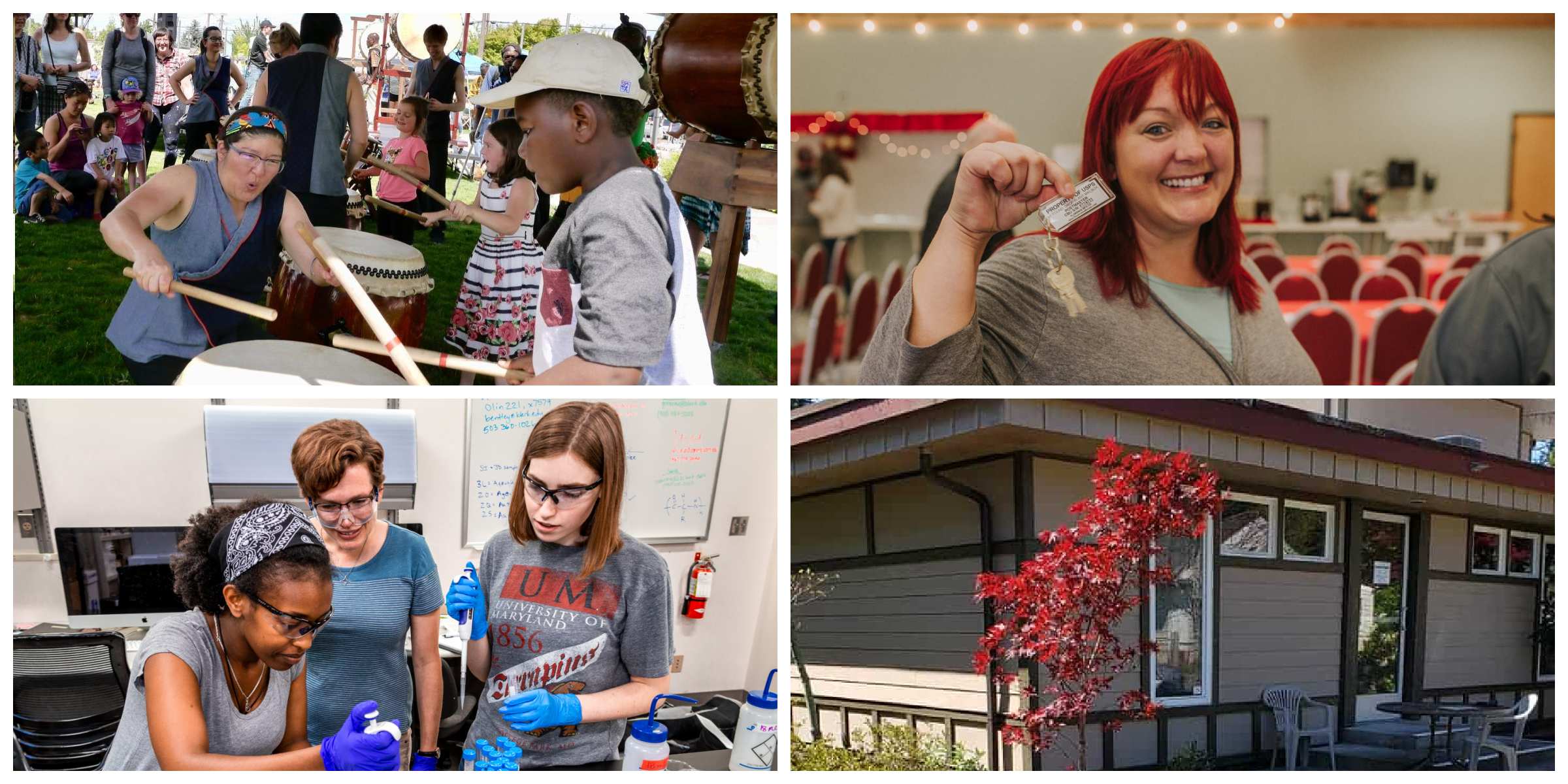 A collage of Fall 2022 Murdock Trust grantees from Oregon, including photos of people playing drums outside, a woman holding up new keys, three individuals doing a science experiment in a lab, and a new facility.