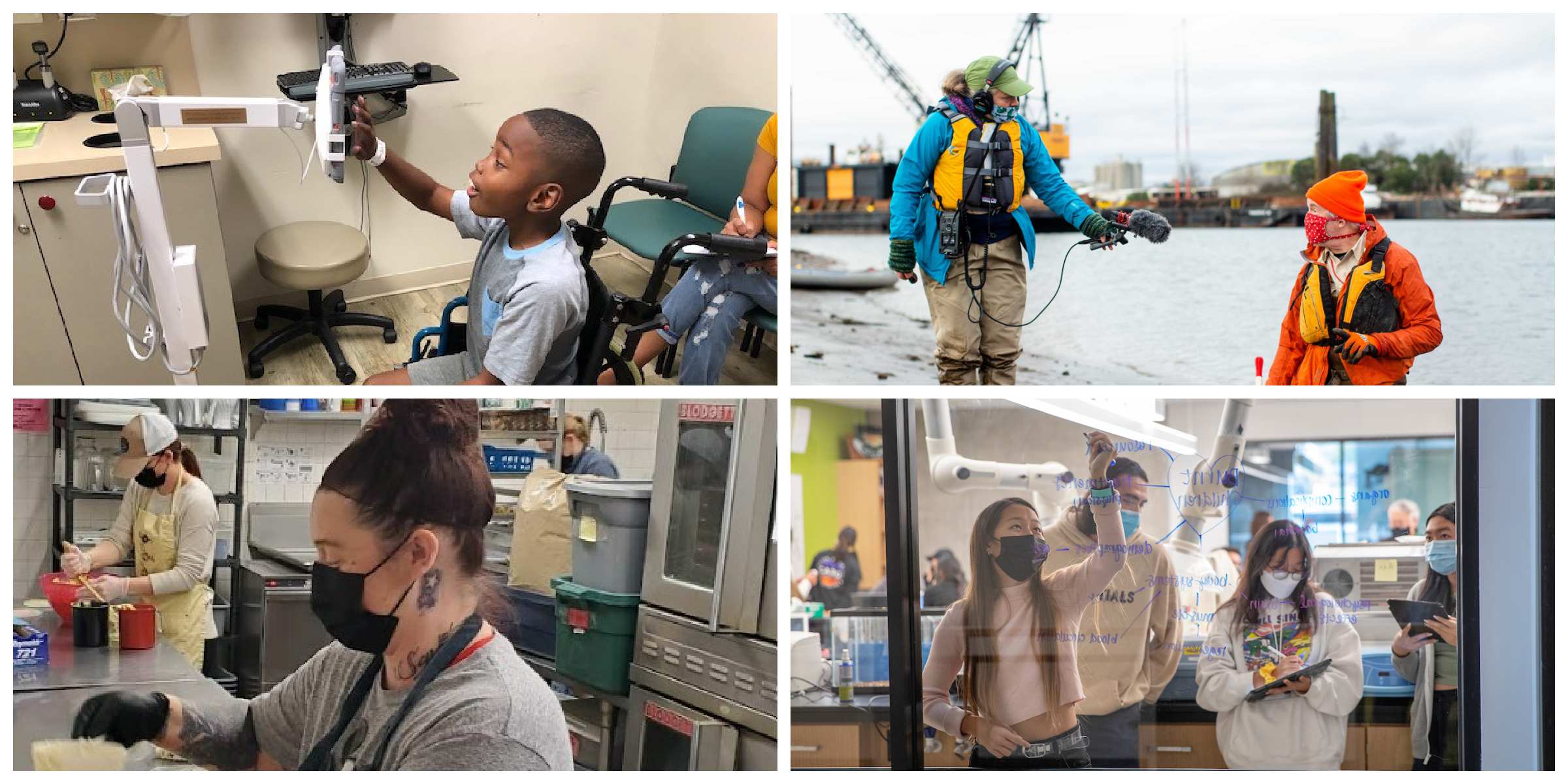 A collage of photos from nonprofits that received grants from the Murdock Trust in Fall 2022; photos include a child looking at medical equipment, a news broadcaster interviewing someone by the water, someone preparing a meal wearing a mask, and students writing on a whiteboard.