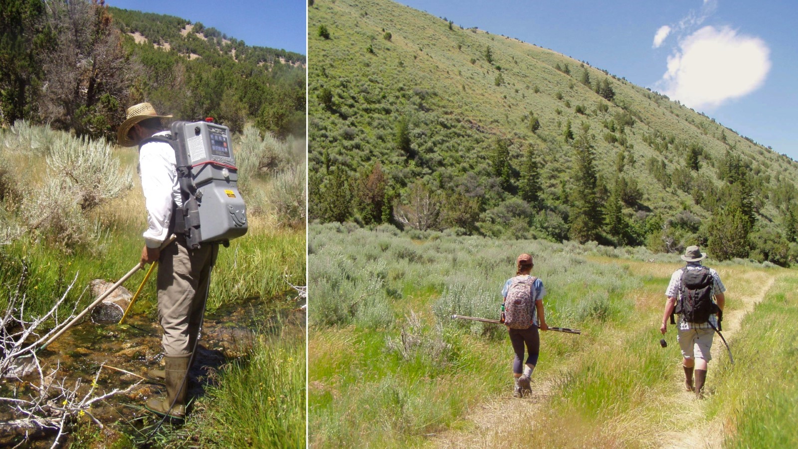 Left: A person with a large backpack examines water in a stream using a tool, in a forested area. Right: Two people with backpacks hike along a trail surrounded by grass and bushes, with hills in the background.