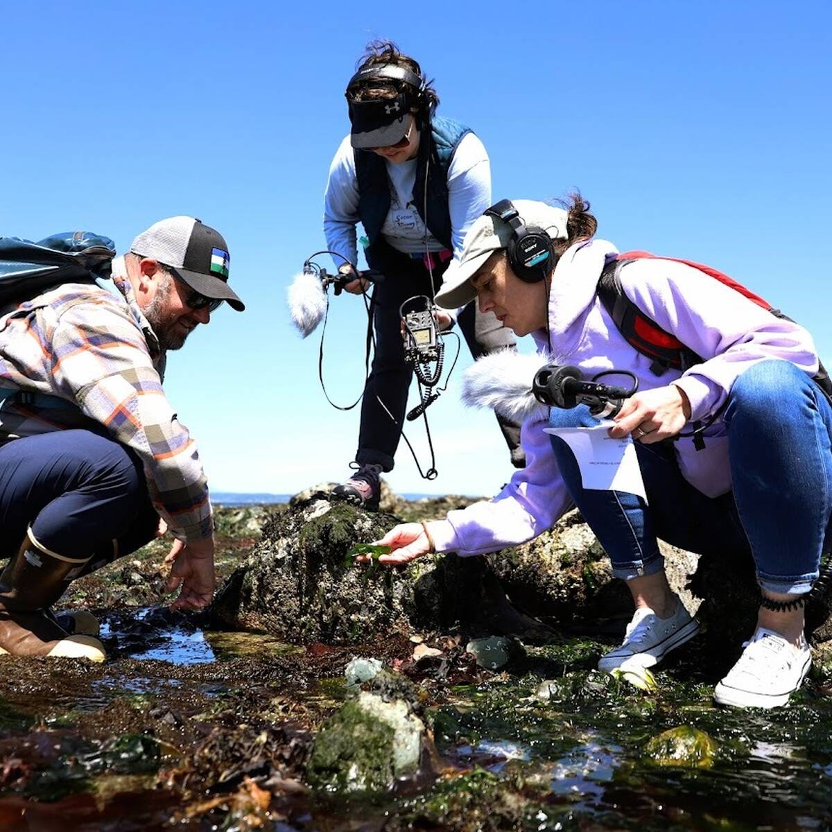 Three journalists for KUOW Puget Sound Radio in the field reporting