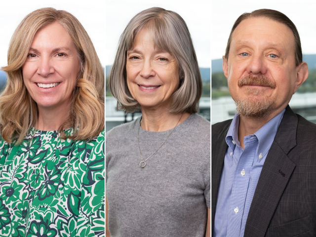 Three professional portraits in a grid of new Murdock Senior Fellows