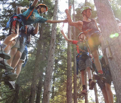 Group of people in harnesses and helmets in trees